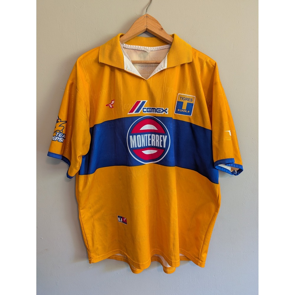 Vintage 90s Tigres UANL Soccer Jersey Yellow Blue Monterrey Cemex #15 XL Mexico